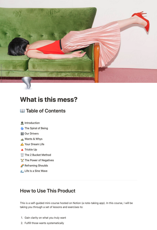 woman face down on the couch with pink pleated skirt with notion description | ampersand branding