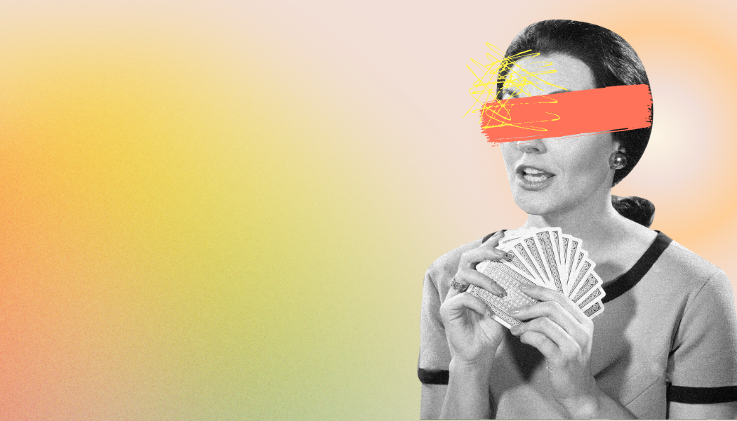 Collage of a woman holding a fanned stack of cards with scribbles across her face