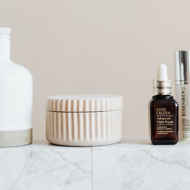 skincare items lined up on a counter