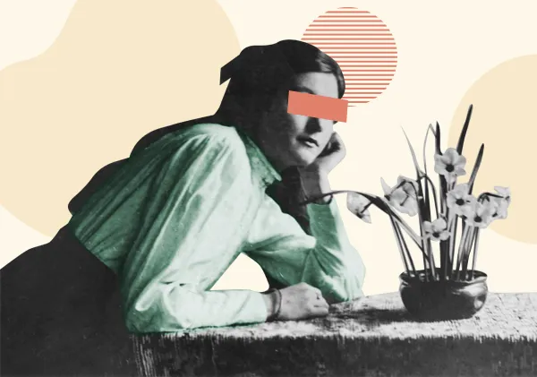 Collage of a woman with a paint swash over her eyes